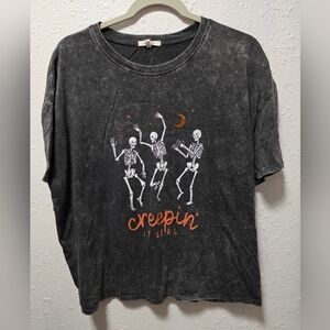 Womens Black Graphic Tee with Skeleton Design